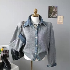 批发欧洲站拼接牛仔设计感针织开衫2025秋冬宽松休闲毛<b class='q'>衣外套</b>女潮设计