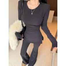 批发高质量新款<b class='q'>韩版</b>气质修身显瘦开叉长袖T恤女高腰微喇裤两件套