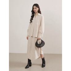 批发新款条纹衬衫轻奢高级感港风宽松气质休闲长袖衬衣+裙子两件套