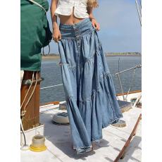 批发复古拼接水洗牛仔半身<b class='q'>裙</b>春秋松紧高腰显瘦A字<b class='q'>裙</b><b class='q'>伞</b><b class='q'>裙</b>中长<b class='q'>裙</b>