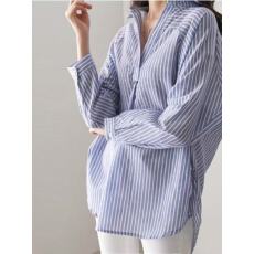 批发<b class='q'>外贸</b>春秋新款V领套头条纹宽松型不规则简约休闲长袖<b class='q'>衬衫</b>