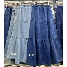 批发新款学院风松紧高腰修身牛仔中长裙