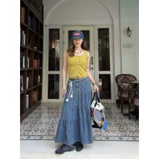 批发美式vibe<b class='q'>复古</b>百褶蛋糕牛仔<b class='q'>长裙女</b>夏季辣妹宽松显瘦a字中<b class='q'>长裙</b>子潮