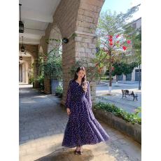 批发新款女装夏季短袖V领过膝长款碎花<b class='q'>连衣裙</b>女修身显瘦英伦风长