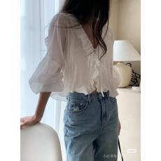 批发韩国东大门 2026春夏新款减龄荷叶边系带长袖<b class='q'>衬衫女</b>