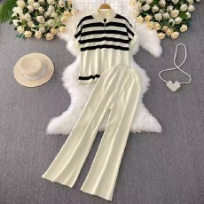 批发慵懒风休闲条纹立领短袖针织上衣套装女夏季新款设计感宽松阔腿裤