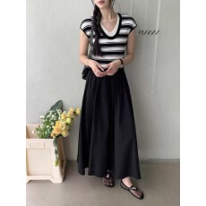 批发新款春夏法式假两件连衣裙复古气质拼色高级显瘦条纹长裙