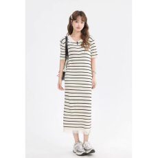 批发休闲垂感条纹半拉链短袖连衣裙气质宽松显瘦毛边长裙<b class='q'>夏</b>