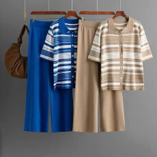 批发夏季新款条纹设计感翻领单排扣短袖上衣高腰显瘦阔腿裤两件套