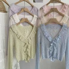 批发法式V领荷叶边长袖薄款针织开<b class='q'>衫</b>女夏季设计感小众防晒<b class='q'>空调</b><b class='q'>衫</b>上衣