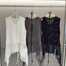 批发夏新款韩系镂空针织拼接不规则荷叶边马甲V领收腰上衣