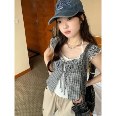 批发hollyii 韩系纯色挂脖吊带搭配抽褶格子衬衣<b class='q'>开衫</b>上衣2026春季新款