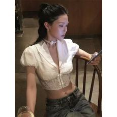 批发白色短款蕾丝鱼骨衬衫女<b class='q'>夏</b>款辣妹短袖T恤露腰V领上衣