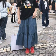 批发复古拼接水洗牛仔半身裙<b class='q'>春</b>夏松紧高腰显瘦A字裙伞裙中长裙