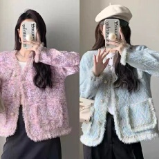 批发小香风时尚外套女装秋款仿水貂毛<b class='q'>百搭</b>毛针织衫甜美单排扣