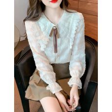 批发杏色<b class='q'>蕾丝</b>花边娃娃领蝴蝶结长袖雪纺衬衫女秋冬季新款衬衣甜美上衣