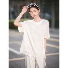 批发中长款蕾丝花边拼接亚麻短袖<b class='q'>T</b><b class='q'>恤</b>女夏季韩系<b class='q'>宽松</b>时尚洋气苎麻上衣