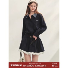 批发格纹翻领黑色长袖连衣<b class='q'>裙</b>早秋学院风收腰显瘦<b class='q'>花苞</b>衬衫短<b class='q'>裙</b>