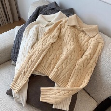 有货 绵羊毛翻 立领两穿学院绞花毛衣针织衫