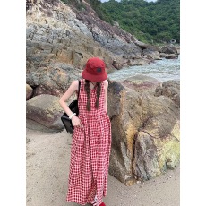 批发有货 红色格子<b class='q'>连衣裙</b>子女装夏季新款无袖背心显瘦长裙漂亮独特