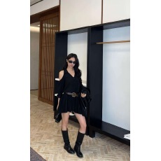 批发有货单排扣显瘦衬衫裙不规则露肩显瘦连衣裙配腰带