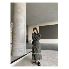 批发有货绿色<b class='q'>长袖</b>衬衫连衣裙子女装2025新款开秋季穿搭收腰长裙