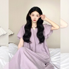 批发有货 <b class='q'>紫色</b>荷叶袖<b class='q'>连衣裙</b>女夏季2026新款高级感收腰显瘦a字长裙