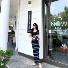 批发有货 新小香风条纹针织短袖连衣<b class='q'>裙子</b>气质包臀性感显瘦长裙女