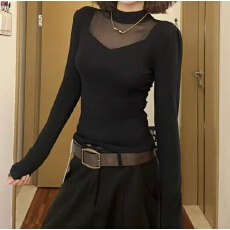 批发大码秋<b class='q'>冬</b>新款设计感加绒网纱拼接上衣打底衫遮肚修身显瘦百搭长袖