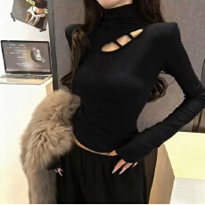 批发大码<b class='q'>冬</b>季加绒韩版新款设计感镂空上衣修身显瘦半高领长袖打底衫女