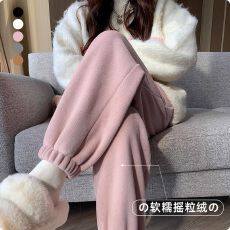 批发粉色摇粒绒<b class='q'>运动裤</b>女春秋冬季加厚外穿保暖棉裤小个子束脚加绒卫裤