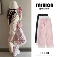 批发粉色羊羔绒东北棉裤女秋冬哈尔滨穿搭防寒裤子休闲保暖加绒阔腿裤