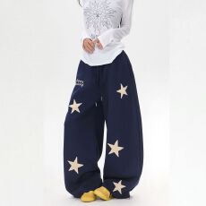 批发美式复古星星刺绣休闲卫裤男女直筒<b class='q'>街头</b>阔腿拖地长裤