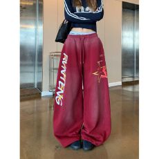 批发美式复古字母印花低腰阔腿裤女<b class='q'>街头</b>风宽松休闲抽绳长裤潮