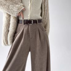 批发美拉德雪尼尔阔腿裤女秋冬加绒灯芯绒裤子高腰垂感直筒休闲西装裤