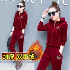 批发爆款<b class='q'>金丝</b>绒运动套装女加绒加厚时尚洋气秋冬休闲服连帽卫衣两件套