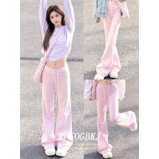 批发加绒粉色高腰微喇叭休闲裤<b class='q'>女</b>秋冬新款修身显瘦拖地瑜伽<b class='q'>运动</b>卫裤