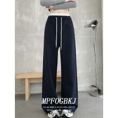 批发撞色双腰头简约长裤带抽绳拼色气质春秋休闲运动卫裤直筒阔腿裤