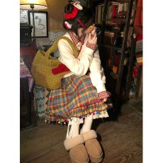 批发圣诞小糖豆！新年复古节日感彩色格子百褶裙半身裙秋冬季新款