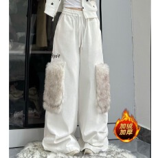 批发加绒加厚美式复古毛绒大口袋工装裤男女设计感宽松阔腿休闲裤潮