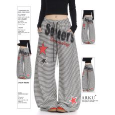 批发美式复古字母印花条纹卫裤女冬季宽松慵懒垂感加绒阔腿弯刀休闲裤