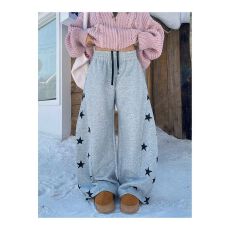 批发秋冬新款美式撞色星星印花加厚卫裤男女爵士舞宽松<b class='q'>阔腿裤</b>潮