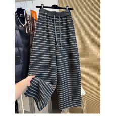 批发大码300斤2025冬款加厚绒条纹<b class='q'>阔腿裤</b>高腰松紧宽松休闲弯刀裤