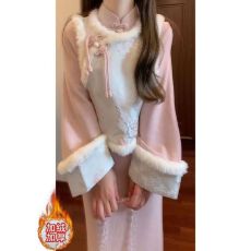 批发新中式复古民国风年轻款气质绝美粉色旗袍加绒马甲两件套装连衣裙