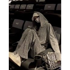 批发时尚休闲运动套装女春秋高级感亮丝连帽卫衣阔腿裤盐系轻熟两件套