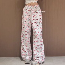 批发满印猫咪白色阔腿<b class='q'>裤</b><b class='q'>牛仔</b>女春夏宽松显瘦直筒<b class='q'>裤</b>慵懒百搭休闲拖地<b class='q'>裤</b>