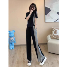 批发2026新款韩版时尚休闲短袖<b class='q'>运动服</b>套装女夏拼色修身<b class='q'>显瘦</b>长裤两件套