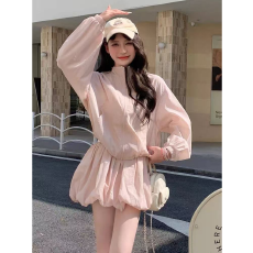 批发粉色短款上衣花苞裙套装<b class='q'>女</b>夏季甜美穿搭一整套防晒衣半身裙两件套