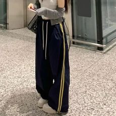 批发美式运动拼接条纹<b class='q'>休闲</b>裤女夏季松紧腰宽松小个子辣妹束脚阔腿裤子