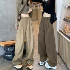卡其色美式工装裤子女款春夏季2026年新款高腰宽松休闲运动阔腿裤
